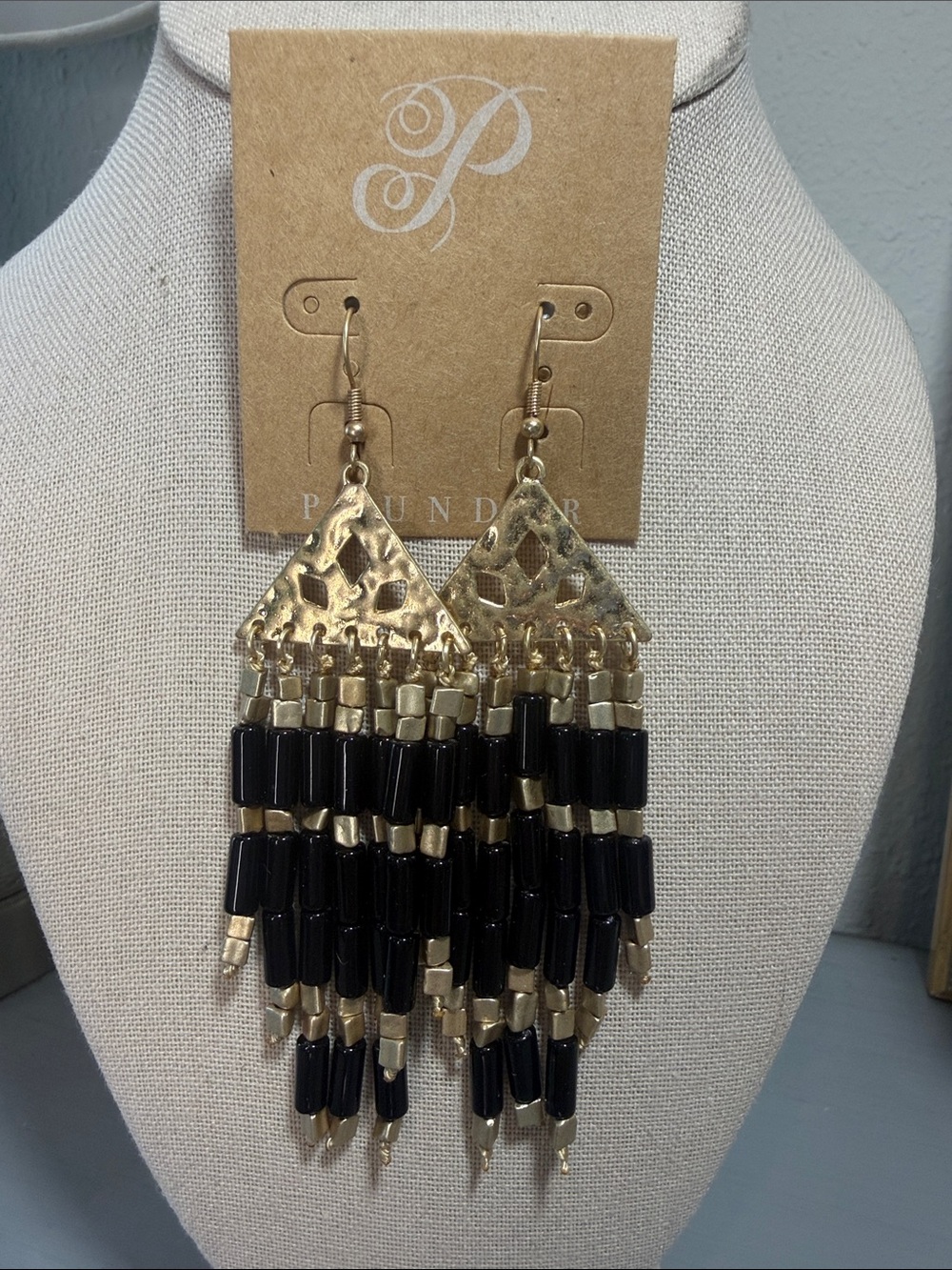 Gold Tone Hammered and Black Beaded Plunder Fringe Earrings